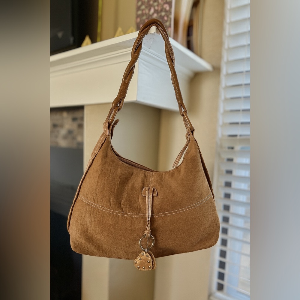 Y2K Boho Faux Suede Hobo Bag Brown w/ Dangling‎ Heart Charms